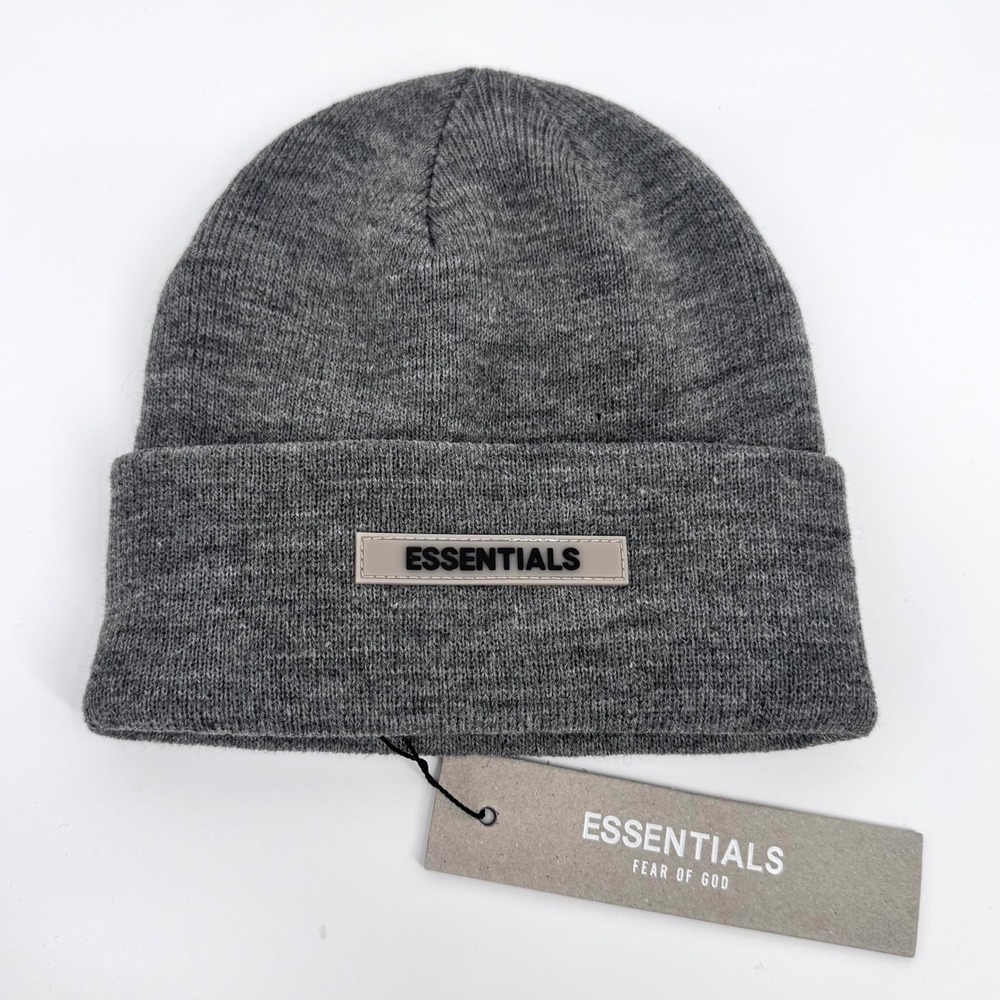 ESSENTIALS Fear of God Beanie Hat Grey Ribbed Cuff Logo Patch NWT